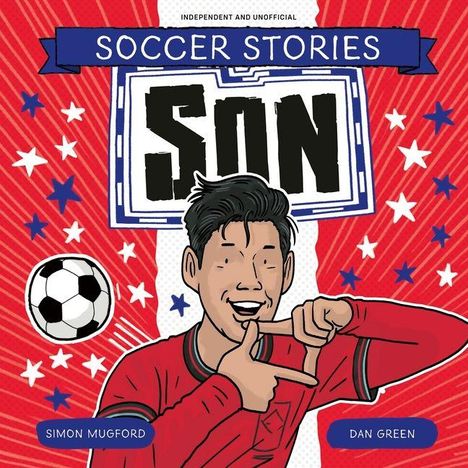 „Soccer Stories SON“. Illustration: Fußballspieler in Rot, Hände zur Kamera formend, vor rotem Hintergrund mit Sternen.