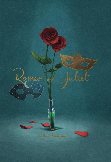 „Romeo and Juliet“, „William Shakespeare“. Illustration: Rose in Vase, zwei Masken, Rosenblätter auf blauen Hintergrund.