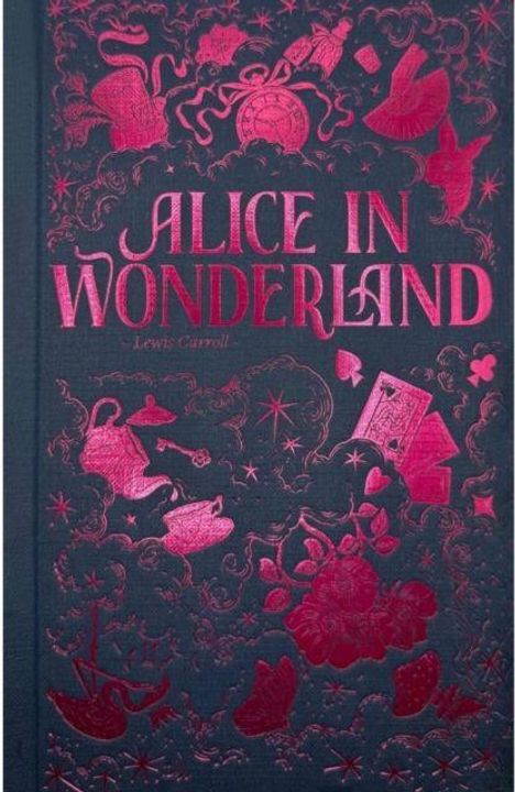 "Alice in Wonderland" von Lewis Carroll. Rotes, dekoratives Design mit Uhr, Teekanne, Karten und Schlüssel.