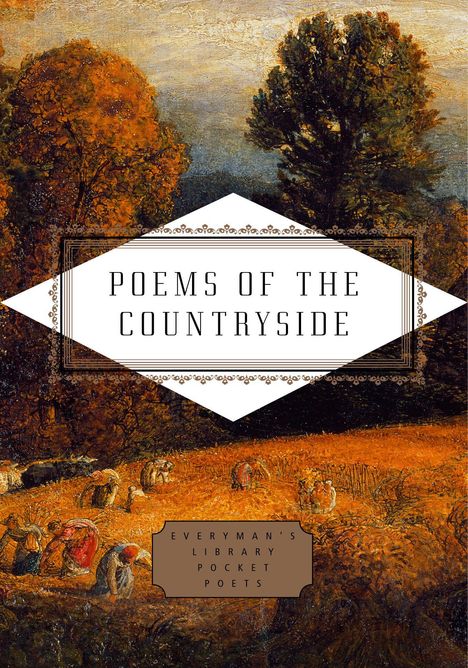 "POEMS OF THE COUNTRYSIDE" in einer eleganten weißen Raute über einer herbstlichen Landschaft mit Erntearbeitern.
