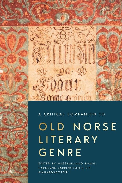 Text: "A Critical Companion to Old Norse Literary Genre". Gestaltung mit floralen Mustern und gotischen Buchstaben.