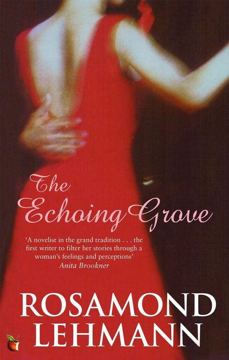 „The Echoing Grove“, Zitat von Anita Brookner, „Rosamond Lehmann“. Unscharfe Umarmung einer Person in Rot.