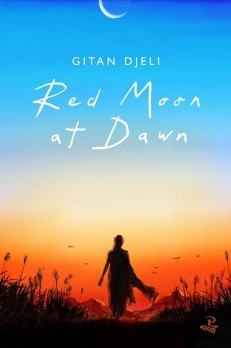 Text: "RED MOON AT DAWN GITAN DJELI". Ein Vogel sitzt auf Gräsern bei Sonnenaufgang, Himmel in Blau- und Orangetönen.