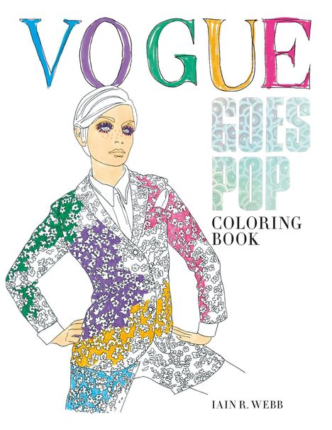 "VOGUE GOES POP COLORING BOOK IAIN R. WEBB" Ein stilisierter Mensch in einem bunten Blumenanzug mit Händen in Hüften.