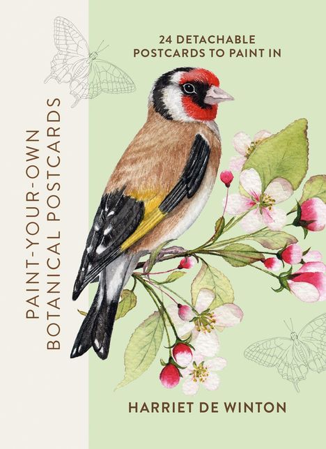 „Paint-your-own Botanical Postcards“, mit einem bunten Vogel und Blumen, beige Hintergrund, zwei Skizzen von Schmetterlingen.
