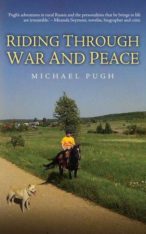 „Riding Through War and Peace“ von Michael Pugh. Ein Reiter und ein Hund auf einem ländlichen Weg, umgeben von Feldern.