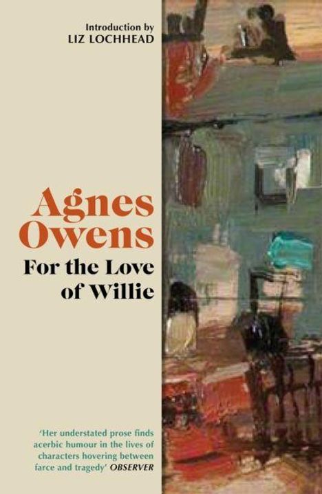 "Agnes Owens: For the Love of Willie" steht neben einem abstrakten Gemälde mit dunklen und erdigen Farbtönen.