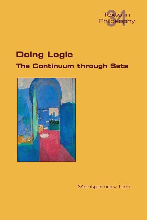 "Doing Logic: The Continuum through Sets", Montgomery Link. Illustration mit Blautönen und roten Akzenten.