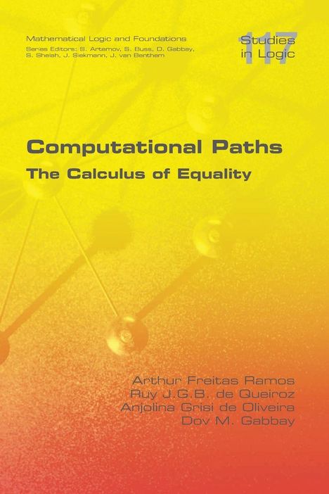 "Computational Paths: The Calculus of Equality" in blauer Schrift auf gelbem und rotem Hintergrund, Molekül-Illustration.