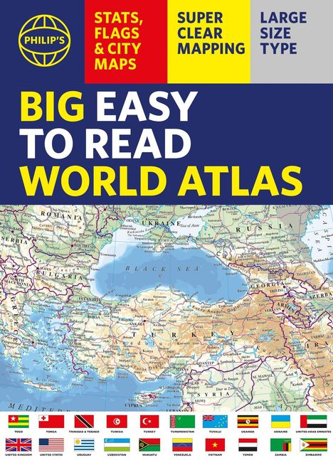 "BIG EASY TO READ WORLD ATLAS." Kartenhintergrund mit Meeren und Ländern. Oben farbige Boxen mit diversen Infos.