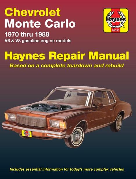 "Chevrolet Monte Carlo 1970-1988", "Haynes Repair Manual". Gezeigt wird ein brauner Monte Carlo, Motorhaube geöffnet.
