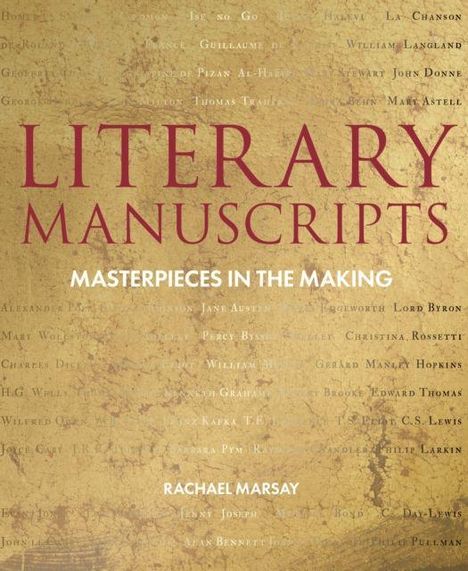 „LITERARY MANUSCRIPTS“, „MASTERPIECES IN THE MAKING“, „RACHAEL MARSAY“ auf antikem Hintergrund mit weiteren Autorennamen.
