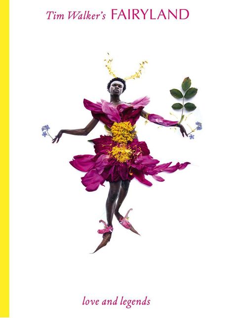 Text: "Tim Walker's FAIRYLAND", "love and legends". Eine Figur trägt ein Kleid aus violetten Blütenblättern und gelben Blumen.
