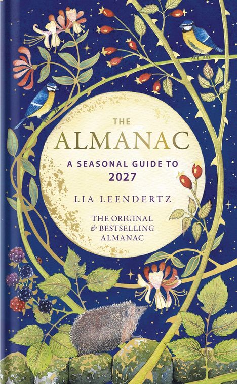 „The Almanac: A Seasonal Guide to 2027“ steht auf einer Illustration mit Vögeln, Pflanzen und einem Igel unter Sternenhimmel.