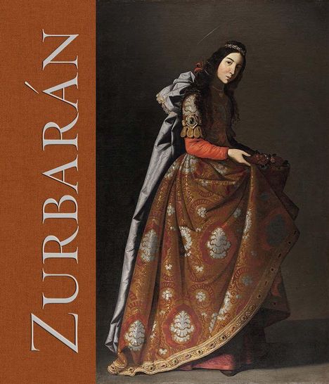 Text: "ZURBARÁN" in großen weißen Buchstaben. Illustration: Eine Frau in reich verziertem, historischem Gewand.