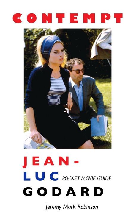 Text: "CONTEMPT", "JEAN-LUC GODARD", "Pocket Movie Guide", "Jeremy Mark Robinson". Zwei Personen im Freien, Frau sitzend, Mann steht.