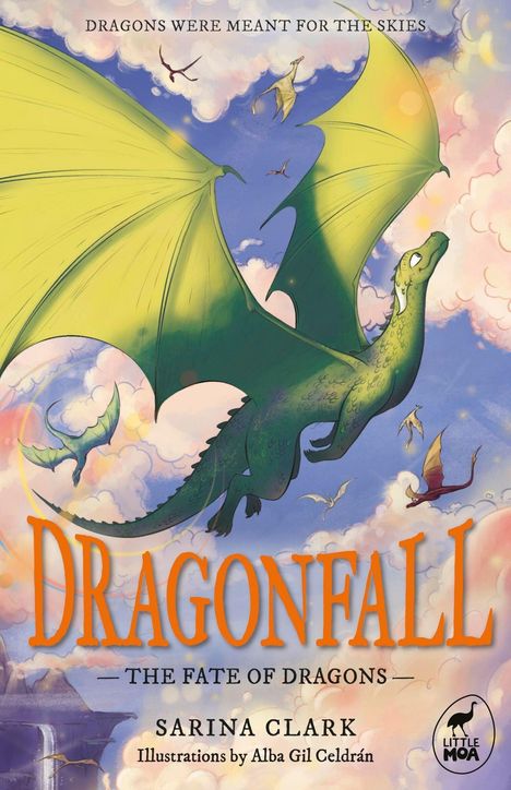 "DRAGONFALL: THE FATE OF DRAGONS." Ein grüner Drache fliegt majestätisch am Himmel.