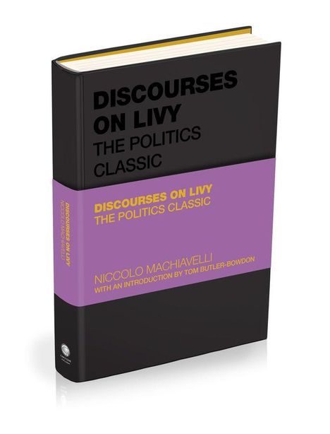 Buchtitel: "Discourses on Livy: The Politics Classic" von Niccolò Machiavelli. Schwarzes Cover mit lila Streifen.