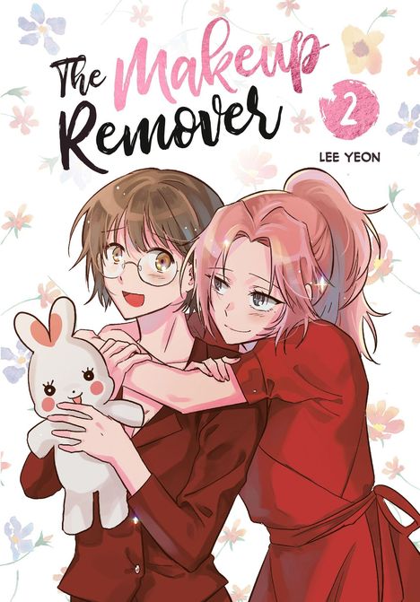 "The Makeup Remover 2, Lee Yeon." Zwei Figuren in roten Outfits; eine mit rosa Haaren umarmt die andere, die ein Plüschtier hält. Hintergrund mit Blumen.