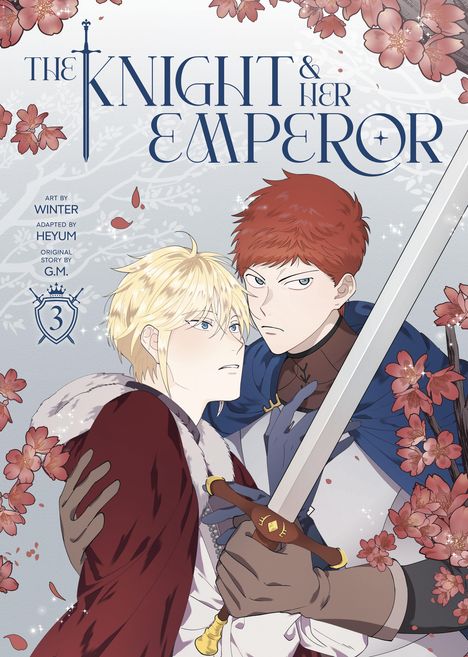 "The Knight & Her Emperor", zwei Figuren, eine mit blonden Haaren und rotem Mantel, die andere mit rotem Haar und Schwert.