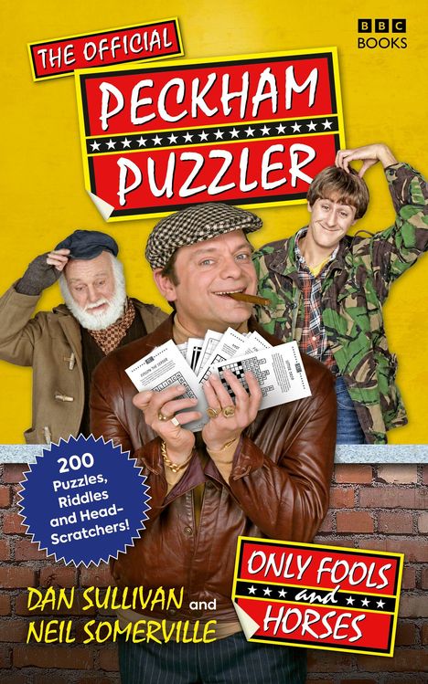 „The Official Peckham Puzzler“, drei Männer in humorvoller Pose vor gelbem Hintergrund.