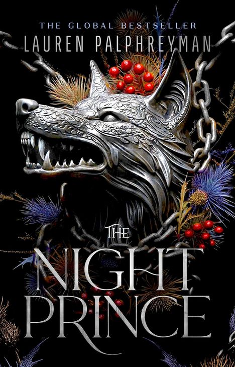„THE NIGHT PRINCE“ und „LAUREN PALPHREYMAN“ in großer Schrift. Metallischer Wolfskopf mit Ketten und roten Beeren.