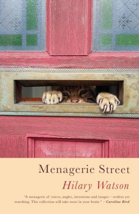 "Menagerie Street", Hilary Watson. Katze schaut durch Türklappe aus Holz in Rot- und Grüntönen.