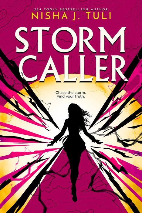 "STORM CALLER", darunter "Chase the storm. Find your truth." Eine Silhouette einer Frau vor einem farbenfrohen Hintergrund.
