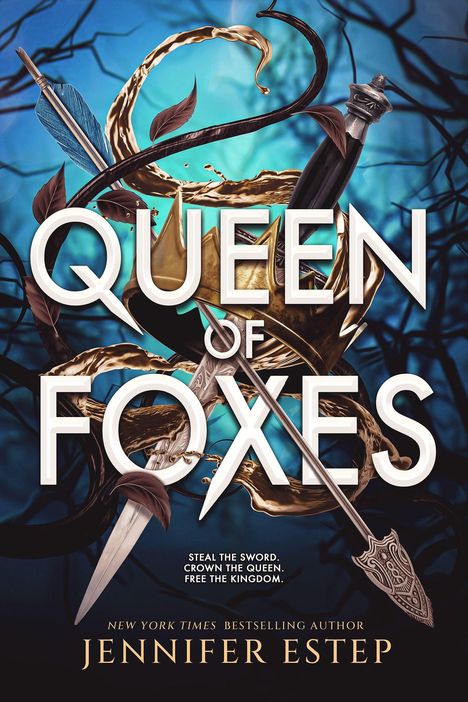 "QUEEN OF FOXES" ist der Titel. Eine Krone, ein Schwert und ein Pfeil mit blauen Federn sind in einem bläulichen Hintergrund.