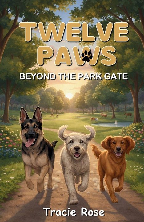 Titel: TWELVE PAWS BEYOND THE PARK GATE. Drei fröhlich rennende Hunde auf einem Waldweg. Darunter der Name Tracie Rose.