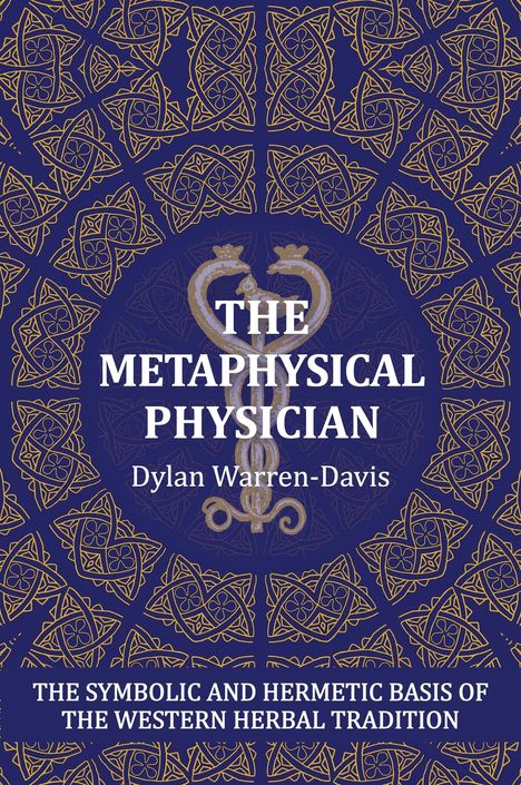 "The Metaphysical Physician" von Dylan Warren-Davis. Goldene Muster umgeben zwei Schlangen auf blauem Hintergrund.