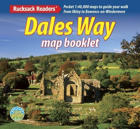 „Dales Way map booklet“. Darunter eine Landschaft mit alten Ruinen und grüner Umgebung.