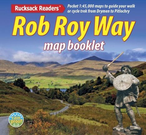 "Rob Roy Way map booklet" steht groß geschrieben. Landschaft mit Hügeln, einer Statue von Rob Roy, Bäumen und einem See.