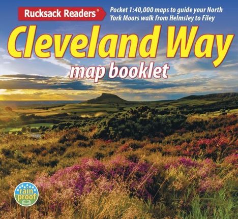Text: "Cleveland Way map booklet", "Rucksack Readers", "Pocket 1:40,000 maps", "rain proof". Landschaft mit Hügeln und Heidekraut.