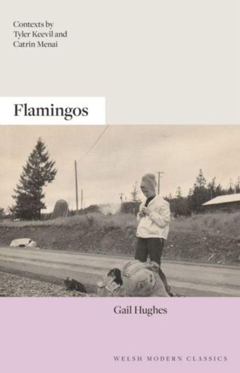 Das Buchcover zeigt den Titel "Flamingos" von Gail Hughes. Ein Schwarzweißfoto zeigt eine Person am Straßenrand.