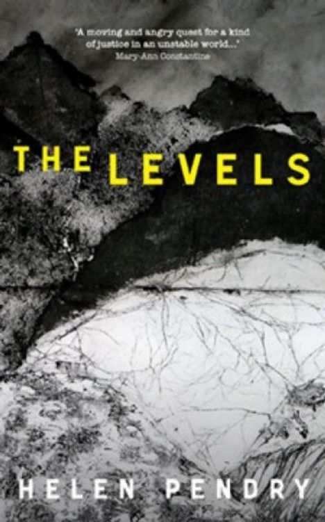 „THE LEVELS“ in gelber Schrift, darunter „HELEN PENDRY“. Schwarz-weißes, abstraktes Landschaftsmotiv.