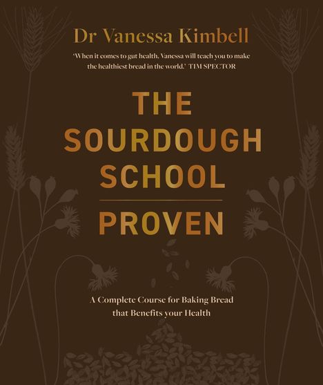 Der Text beschreibt einen Kurs über gesundes Brotbacken von Dr. Vanessa Kimbell. Hintergrund mit Weizenillustrationen.