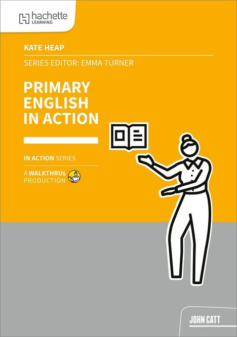 "Primary English in Action" steht auf orangefarbenem Hintergrund mit einer Illustration einer Frau, die ein Buch präsentiert.