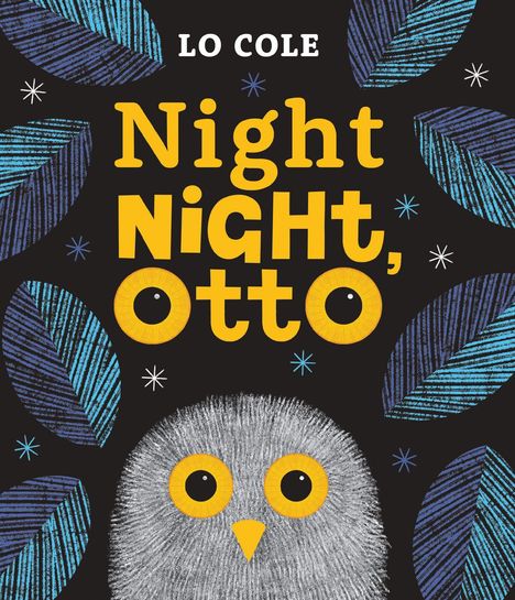 Text: "Night Night, Otto". Illustration einer Eule mit gelben Augen, umgeben von blauen Blättern und Sternen auf schwarzem Hintergrund.