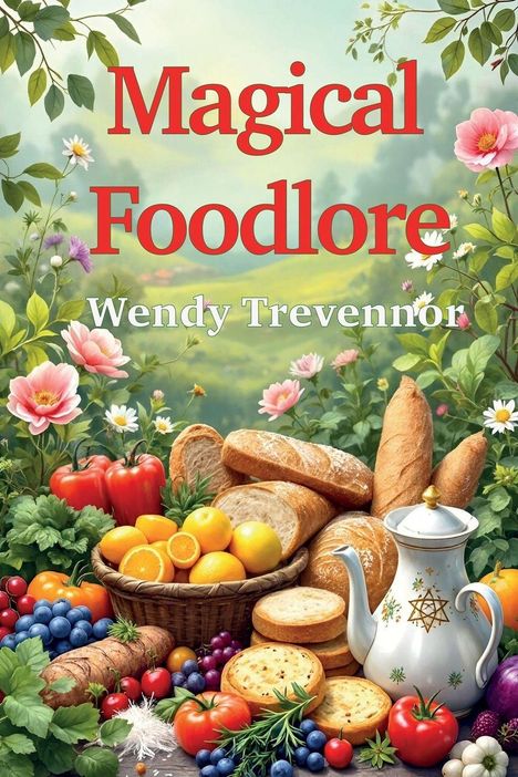 "Magical Foodlore" von Wendy Trevennor. Farbenfrohe Illustration mit Blumen, Brot, Obstkorb und Teekanne.