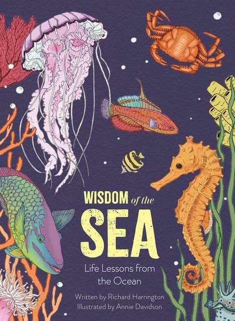 "Wisdom of the Sea: Life Lessons from the Ocean". Illustrationen von Meereslebewesen auf dunkelblauem Hintergrund.