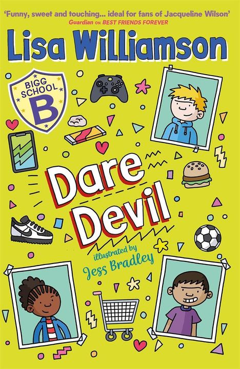„Lisa Williamson, Dare Devil“; Illustrationen von Jess Bradley. Comic-Stil mit kinderfreundlichen Grafiken und Symbolen.