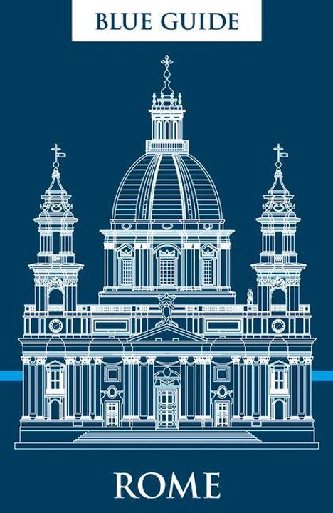 Text: "BLUE GUIDE" oben und "ROME" unten. Illustration eines detaillierten Gebäudes, vermutlich eine römische Kirche.