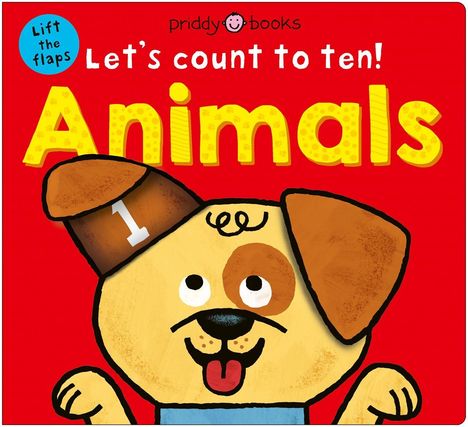 Text: "Lift the flaps," "Let's count to ten! Animals." Illustration eines fröhlichen Hundes auf rotem Hintergrund.