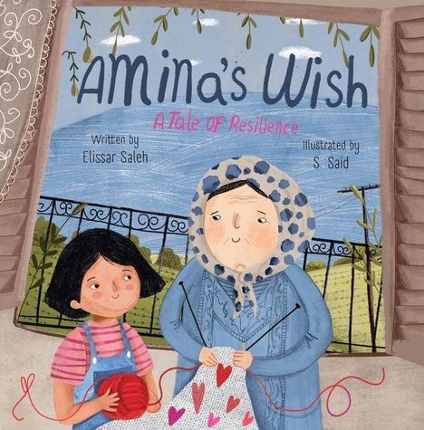 "Amina's Wish: A Tale of Resilience." Illustration von einem Kind mit einer älteren Person im Freien, beide stricken.