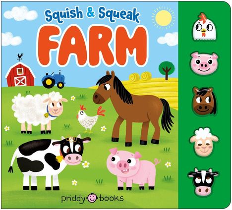 "Squish & Squeak FARM" in bunten Buchstaben. Illustrationen von Tieren auf einer grünen Wiese: Schaf, Pferd, Huhn, Kuh, Schwein.