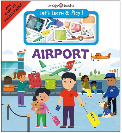 "WITH OVER 10 PUZZLE PIECES", "Let’s Learn & Play!", "AIRPORT". Illustration eines Flughafens mit Menschen und Flugzeugen.