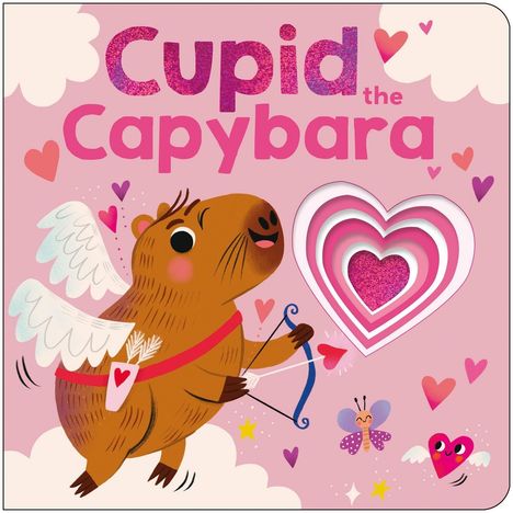„Cupid the Capybara“: Ein Capybara mit Engelsflügeln hält Pfeil und Bogen, umgeben von Herzen und Wolken in Rosa.