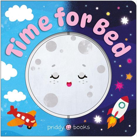 Text "Time for Bed". Eine Illustration von einer lächelnden, schlafenden Mondfigur in der Mitte, umgeben von Tag und Nacht.
