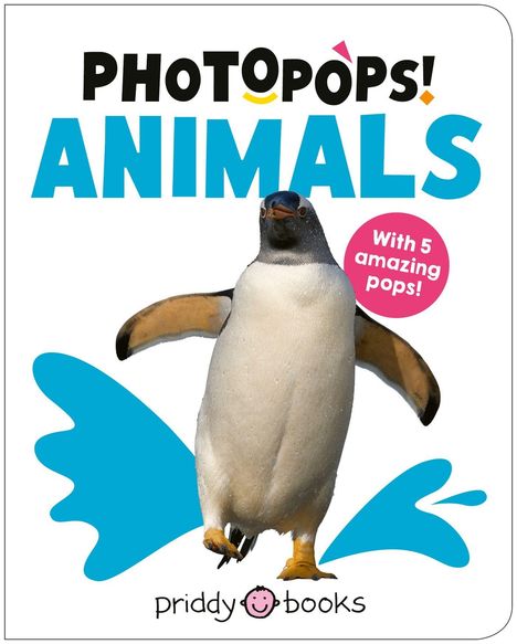 Text oben: "PHOTOPOPS! ANIMALS". Pinker Kreis: "With 5 amazing pops!". Pinguin in der Mitte mit blauen Formelementen.